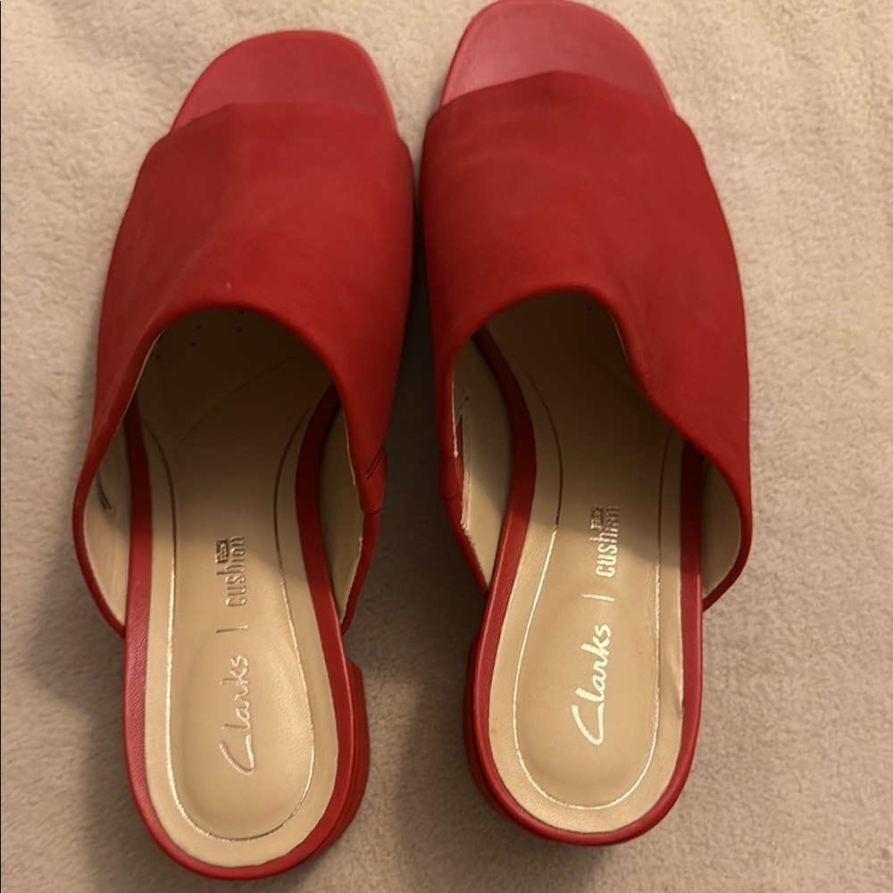 Clarks Red Mules Sleek Slip-On Design
